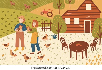Cheerful vector illustration of farm scene with 2 smiling farmers holding chickens near a wooden house, surrounded by farm animals, crops, and rustic outdoor furniture in a warm autumn color palette.
