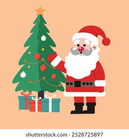 Uma ilustração vetorial alegre com Papai Noel cercado por uma bela árvore de Natal decoração. Este design do festival captura a alegria da temporada de férias