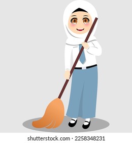 A cheerful vector illustration of a girl wearing the Indonesian high school white and gray uniform with a happy face, sweeping the floor. Perfect for jazzing up slides, social media posts, and more.