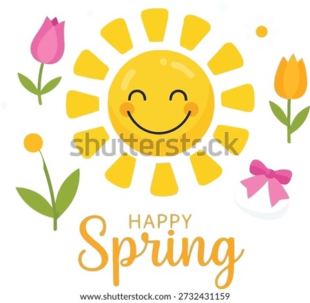 A cheerful vector illustration for Happy Spring, featuring a beaming sun, blooming tulips, and a decorative pink bow on a clean white background.