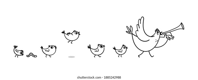 Cheerful vector illustration of a hen with chicks. An adult chicken with a horn in the wing leads a detachment of young chicks behind him. Stock doodle illustration on white background.