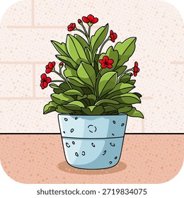 Fröhliche Vektorgrafik einer grünen Pflanze mit roten Blumen in einem dekorativen Topf.