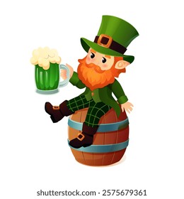 A cheerful vector illustration of a leprechaun sitting on a wooden barrel, holding a frothy mug of green beer. The leprechaun features bright red hair and a beard, wearing a traditional green suit