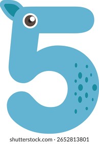 Uma ilustração vetorial alegre do número cinco, criativamente projetada para se assemelhar a um burro azul claro amigável com uma orelha fofa, um olho sorridente e manchas sutis.