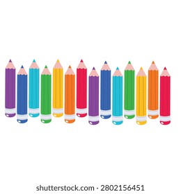 Cheerful vector illustration of a rainbow of colorful pencils in a neat row. Ideal for school supplies, art, children's projects, and learning concepts.