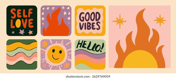 Cheerful vector illustration in retro sticker style, featuring positive quotes, wavy lines, flames, a smiley sun, and stars. Warm tones of orange, yellow, and green create a nostalgic, uplifting vibe.
