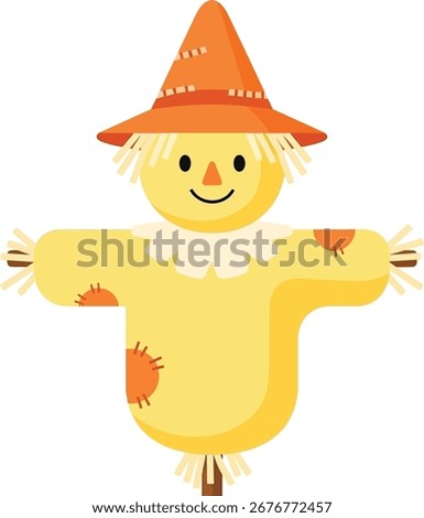 A cheerful vector illustration of a scarecrow with a straw hat and yellow clothes. Ideal for harvest, farm, and Thanksgiving-themed designs