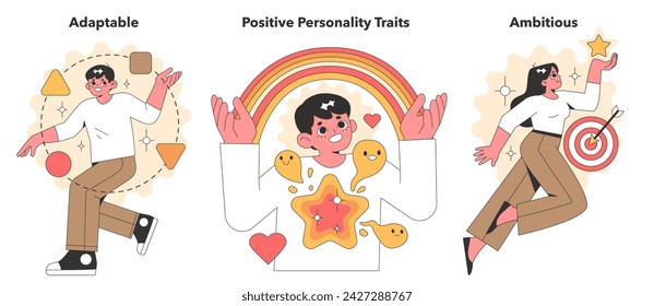 Cheerful vector illustration set celebrating positive traits with characters displaying adaptability, ambition, and joy, perfect for motivational content