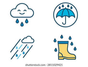 A cheerful vector illustration set featuring four stylized rainy weather icons, including a smiling cloud with raindrops, an umbrella under showers, heavy rainfall, and a bright yellow rain boot. Perfect for forecast apps, climate graphics, educational materials, and creative design projects. #WeatherIcons #VectorIllustration #RainDesign #UmbrellaArt #StormGraphics #RainBootSymbols #ClimateIcons #NatureGraphics #EducationalVectors #CreativeDesign #MinimalIcons #ColorfulGraphics