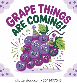 A cheerful vector illustration showcasing smiling, cartoon grapes surrounded by festive party elements is perfect for event promotions. This playful design features happy 