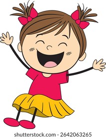 Cheerful vector illustration of a smiling girl with pigtails, wearing a colorful outfit. Simple lines and vibrant colors enhance the playful mood