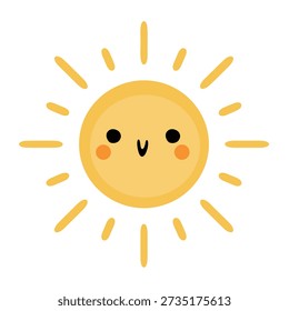Uma ilustração vetorial alegre de um personagem solar sorridente com raios de linha simples e bochechas rosadas. Design moderno de kawaii plano, perfeito para aplicativos climáticos infantis, arte de parede de berçário, adesivos, cartões comemorativos de verão e materiais educacionais para crianças.