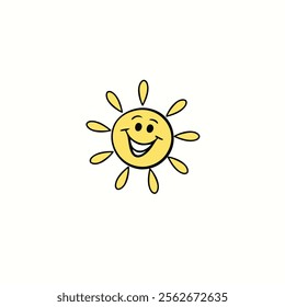 A cheerful vector illustration of a smiling yellow sun with a friendly face and radiating sun rays. The sun's playful expression conveys happiness and positivity, set against a plain, light background