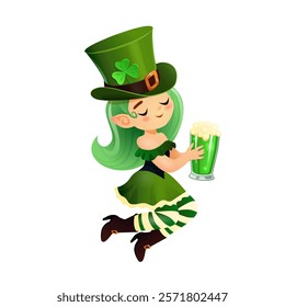 A cheerful vector illustration of a whimsical leprechaun girl dressed in festive green attire, holding a frothy glass of green beer. The leprechaun features vibrant green hair, a shamrock-adorned hat