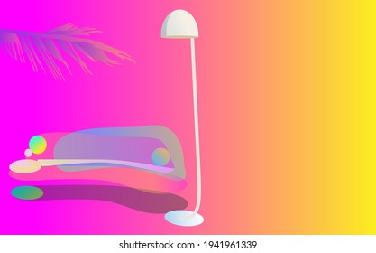 cheerful vector interior with neon sofa and lamp, background with a branch of a palm tree