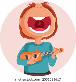 
Cheerful Vector Kid Playing the Ukulele Singing a Song. Child learning to play an instrument performing with talent 
