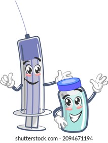Cheerful vector mascot illustration of a medical injecting and vaccine bottle ready to protect against a pandemic