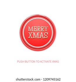 Cheerful Vector Minimalist Background for Christmas. Vector Illustration of Red Round Button with Title Merry Xmas and Caption. Festive Vector Wallpaper.