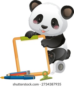 Um panda vetorial alegre senta-se atrás de uma prancheta em branco cercada por vários itens de papelaria de escritório