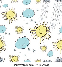 Cheerful vector pattern of cartoon clouds, suns and rain.