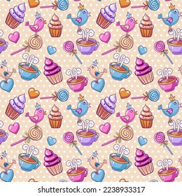 Cheerful vector pattern with sweets, cocoa and coffee mugs, muffins and birds.
Cute seamless texture for printing on fabrics and paper for girls and children.