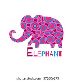 Cheerful vector pink elephant. Silhouette of elephant with a drops ornament. Use for decorating of invitations, cards, decoration for bags, clothes, posters, t-shirts.