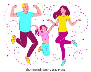 Cheerful vector portrait of excited attractive emotion jumping happy family: dad daddy mom mommy and kid. Vivid concept of spending spare free time, win, achievement, isolated over white background