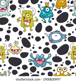 Cheerful vector seamless monster print. Childish funny fictional character. Print for kids t-shirt, sweatshirt
