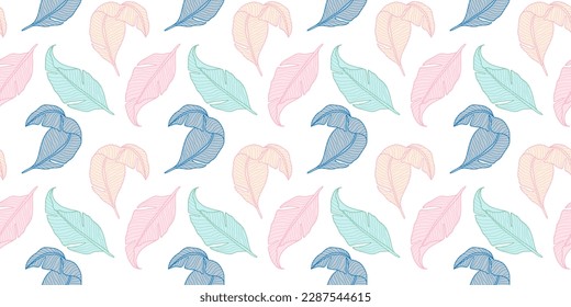 Cheerful vector seamless pattern with colorful feathers on a white background for decor, covers, textiles, dishes, wrapping paper