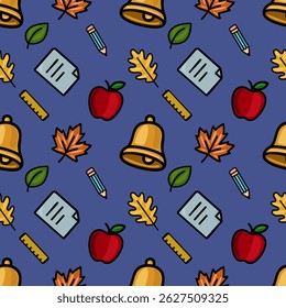 A cheerful vector seamless pattern featuring school supplies, autumn leaves, and apples on a deep blue background, ideal for back-to-school designs and fall-themed projects.