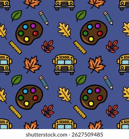 A cheerful vector seamless pattern featuring school bus, autumn leaves, artist's palette, pencil, and ruler, ideal for back-to-school designs and stationery.