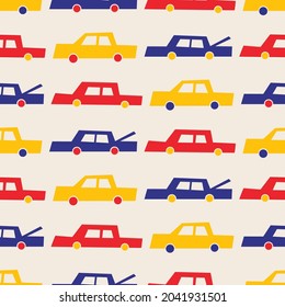 Cheerful vector seamless pattern with funny abstract cars in bright colors. Blue, red and yellow cars perfect for kids fabric or wallpaper. 
