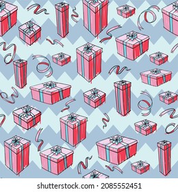 Cheerful vector seamless pattern with hand drawn doodles boxes with ribbons. Surprises and gifts for Valentine's Day, New Year, Christmas, Easter, Wedding, Mother's Day, Birthday