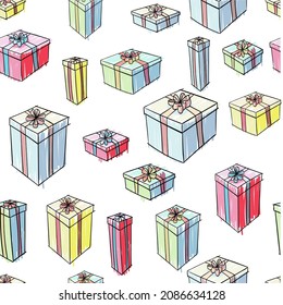 Cheerful vector seamless pattern with hand drawn doodles boxes with ribbons. Surprises and gifts for Valentine's Day, New Year, Christmas, Easter, Wedding, Mother's Day, Birthday