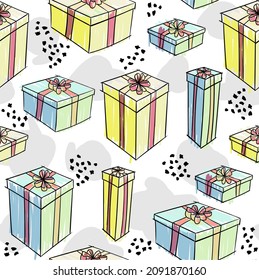 Cheerful vector seamless pattern with hand drawn doodles boxes with ribbons. Surprises and gifts for Valentine's Day, New Year, Christmas, Easter, Wedding, Mother's Day, Birthday