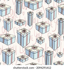 Cheerful vector seamless pattern with hand drawn doodles boxes with ribbons. Surprises and gifts for Valentine's Day, New Year, Christmas, Easter, Wedding, Mother's Day, Birthday