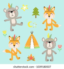 cheerful vector set of cartoon animal drawings with decorative elements