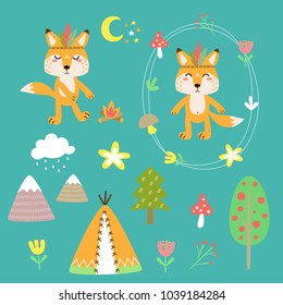 cheerful vector set of cartoon animal drawings with decorative elements