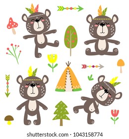 cheerful vector set of cartoon animal drawings with decorative elements