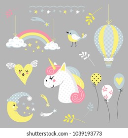 cheerful vector set of cartoon animals and characters with decorative elements