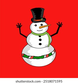 A cheerful vector snowman sporting a classic top hat, carrot nose, and festive scarf against a vivid red backdrop.