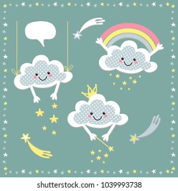 cheerful vectorial set of characters cloud and rainbow