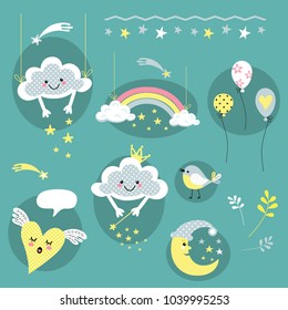 cheerful vectorial set of characters cloud and rainbow