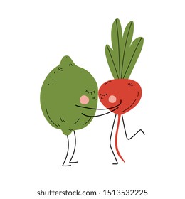 Cheerful Vegetable and Fruit Characters with Funny Faces, Best Friends, Happy Couple in Love Vector Illustration