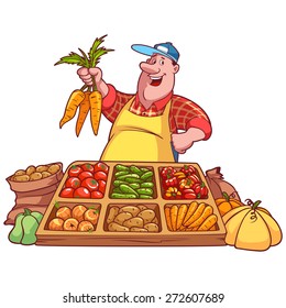 Cheerful vegetable seller at the counter with a carrot in his hands. Vector illustration on a white background