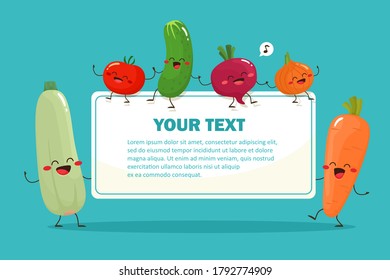 Cheerful vegetables hold banner. Place for your text. Vector illustration in flat cartoon style.