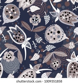 Cheerful vegetative pattern. Flowers, leaves, seeds. Vintage hand drawing