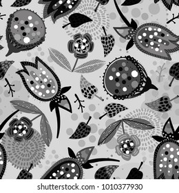 Cheerful vegetative pattern. Flowers, leaves, seeds. Vintage hand drawing