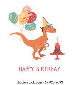 Cheerful Velociraptor with a birthday cake with a candle and balloons. Happy birthday card. Dino in heart-shaped sunglasses and a cap. Dinosaur holiday, funny vector greeting card, white background