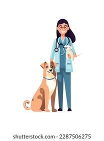 Cheerful vet and cute puppies icon isolated